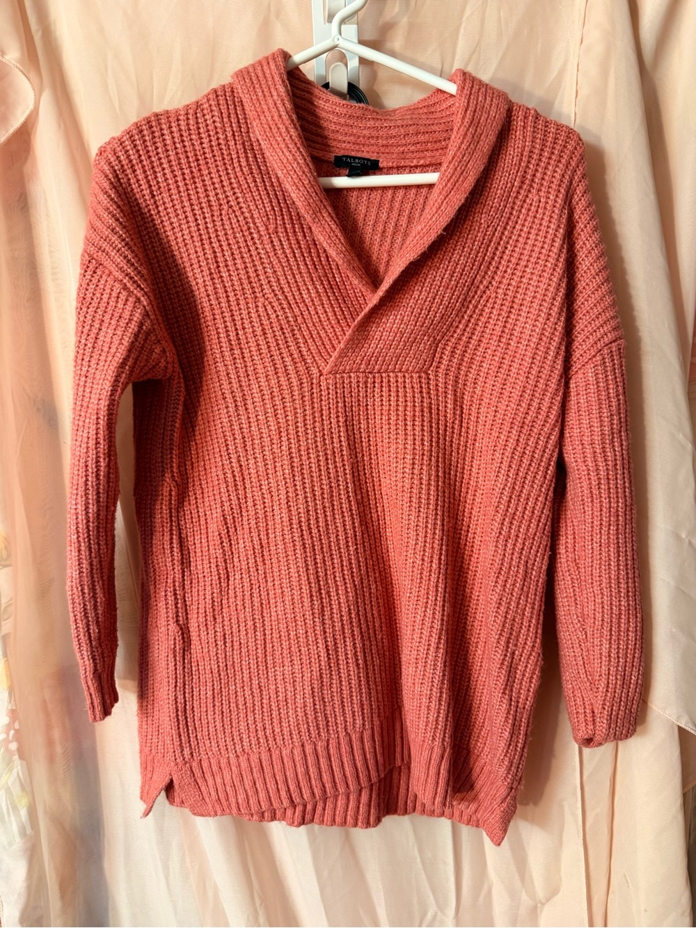 Talbots Coral Ribbed Shawl-Collar Sweater